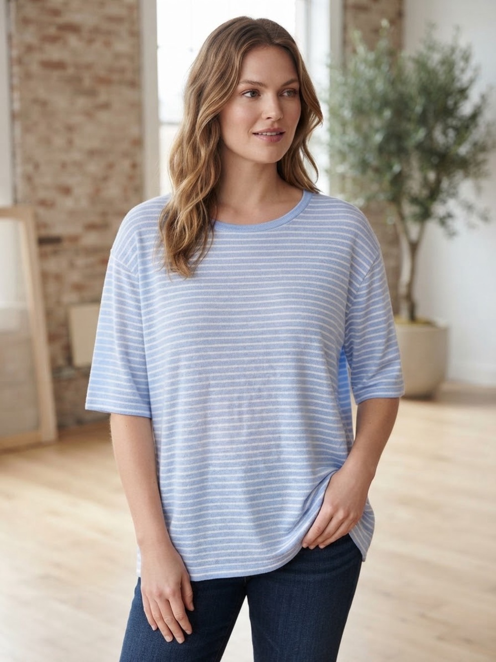 NWT Vince Blue White Striped Linen Knit Top Sz 2X⁠
